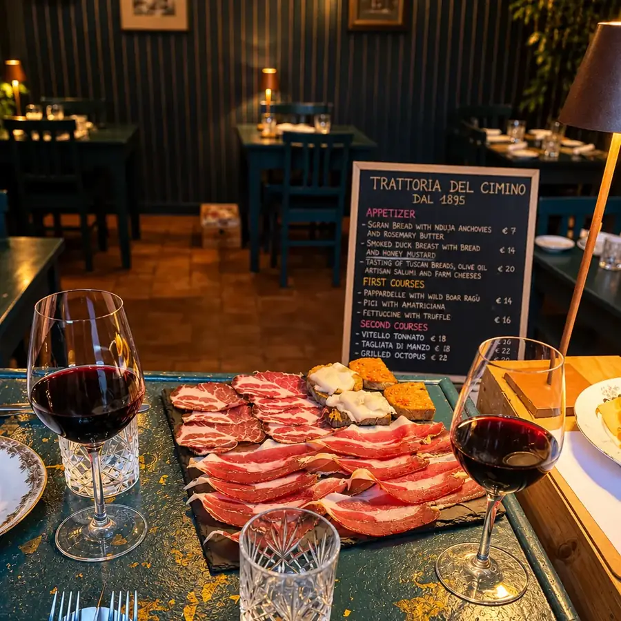 Charcuteri og vin på Trattoria del Cimino i Caprarola
