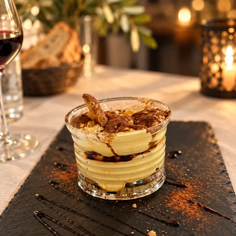 Italiensk dessert serveret med vin i Caprarola
