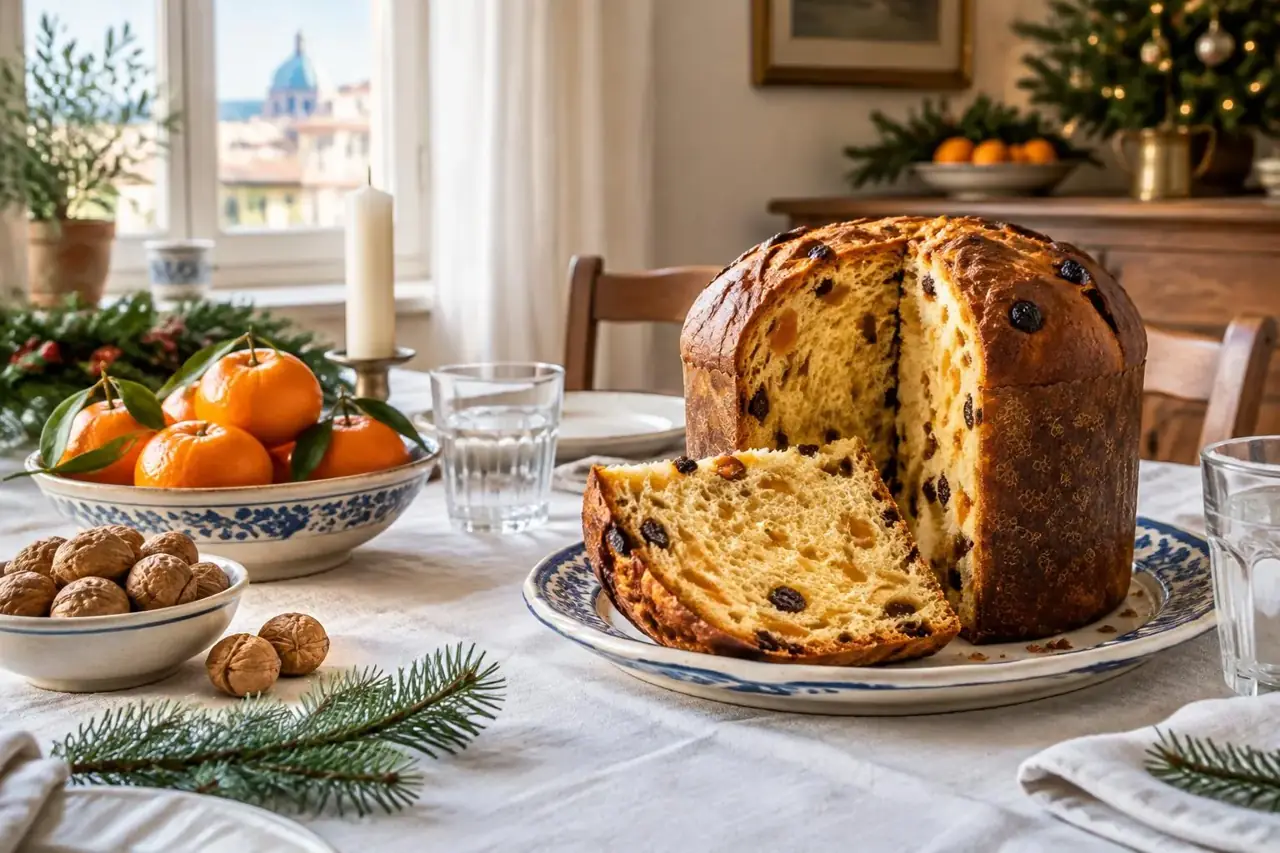 Uppskuren panettone på ett italienskt julbord med mandariner, valnötter och grankvistar