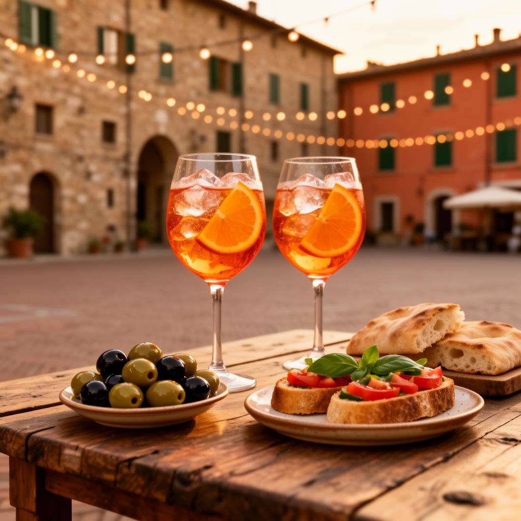 Två glas Aperol Spritz med oliver och bruschetta på en italiensk piazza