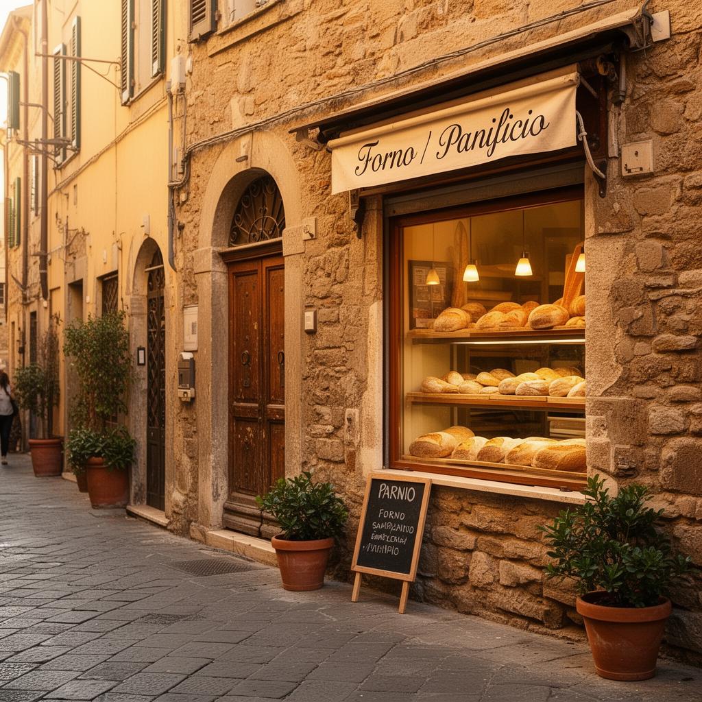 Traditionellt italienskt bageri sett från gatan med bröd i fönstret