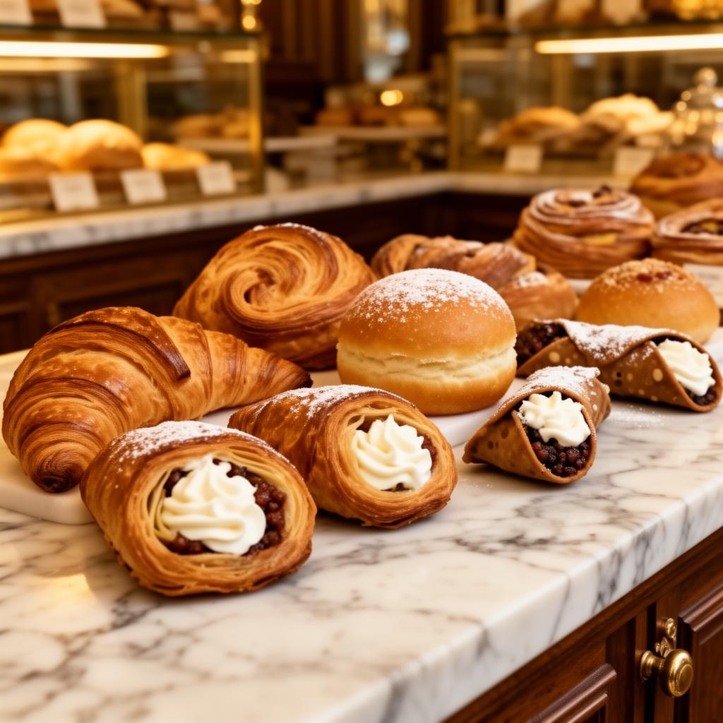Klassiska italienska bakverk – cornetto, sfogliatella och cannoli på en marmordisk