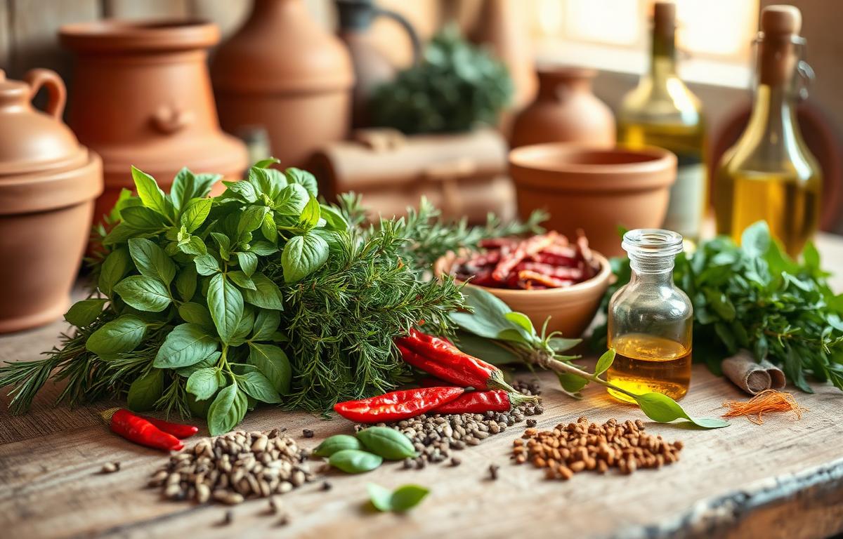 Färska och torkade italienska kryddor på träbord: basilika, rosmarin, peperoncino, lagerblad och olivolja