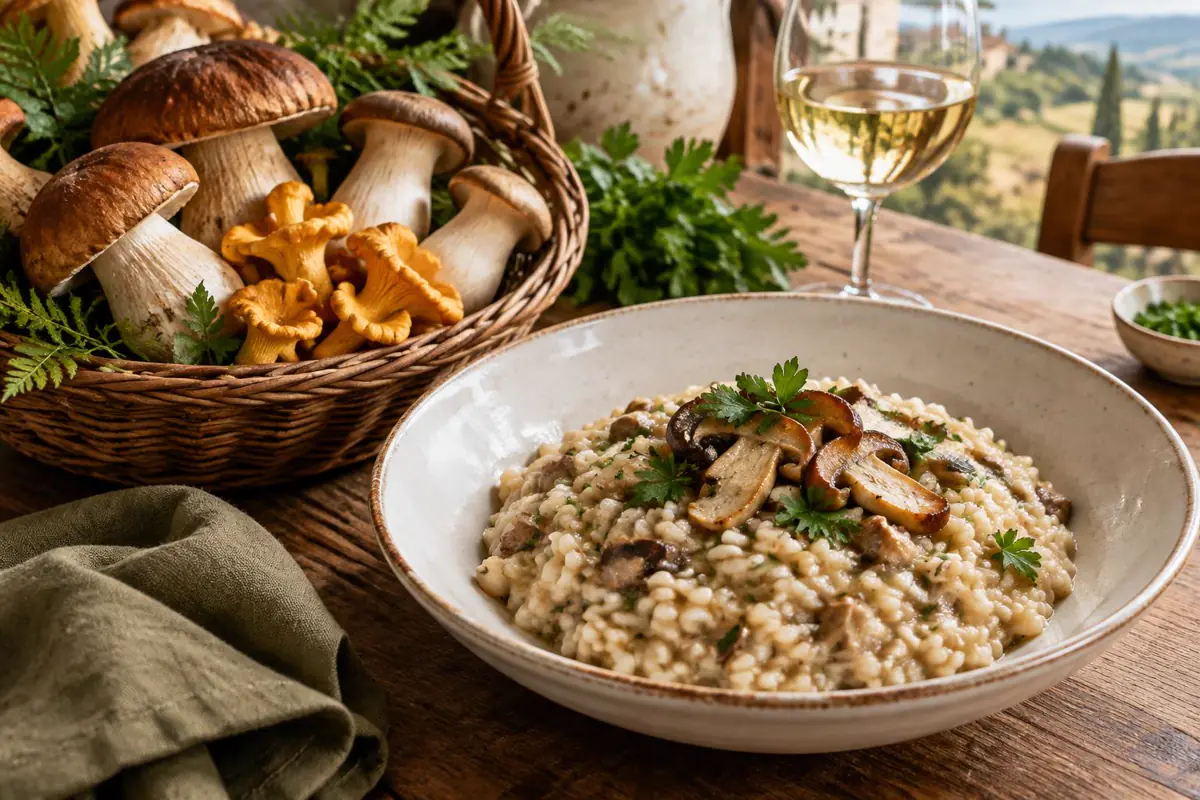 Risotto med porcini och en korg med karljohanssvamp, kantareller och kungsmussling på ett rustikt italienskt bord