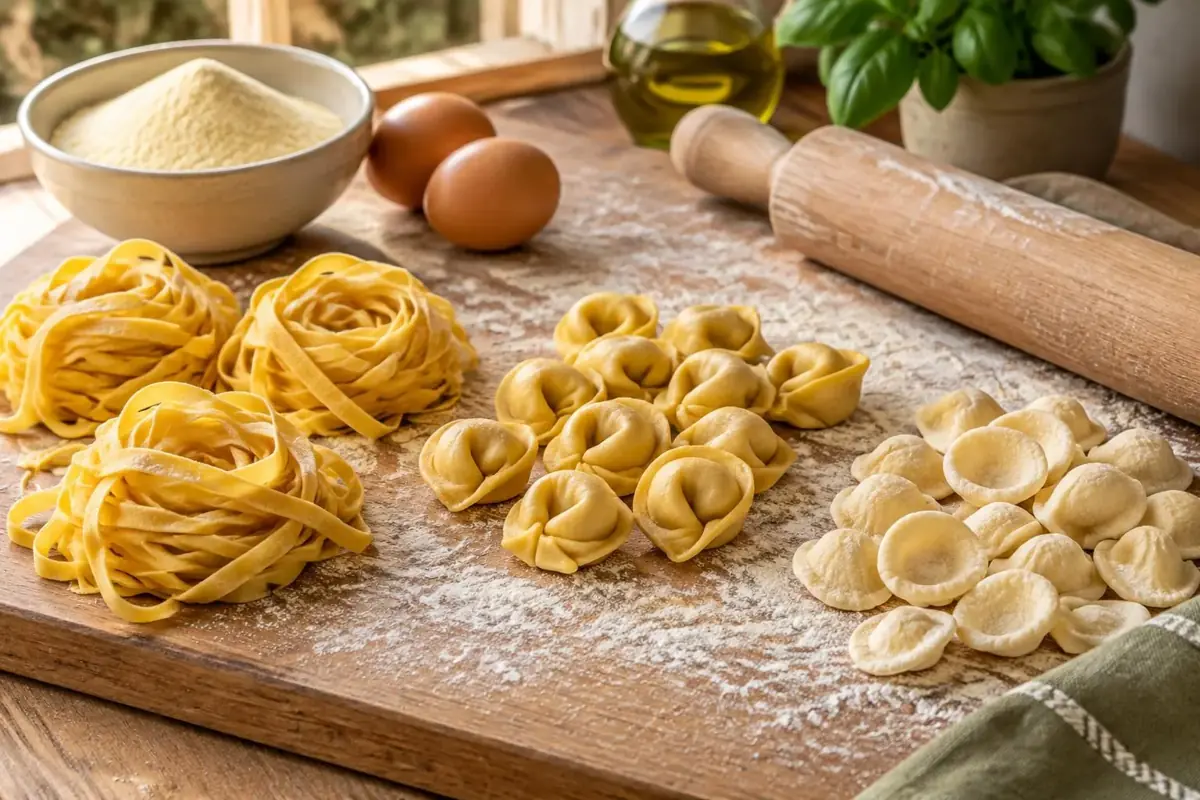 Tagliatelle, fylld pasta och orecchiette på en mjölad träbräda med kavel och ägg