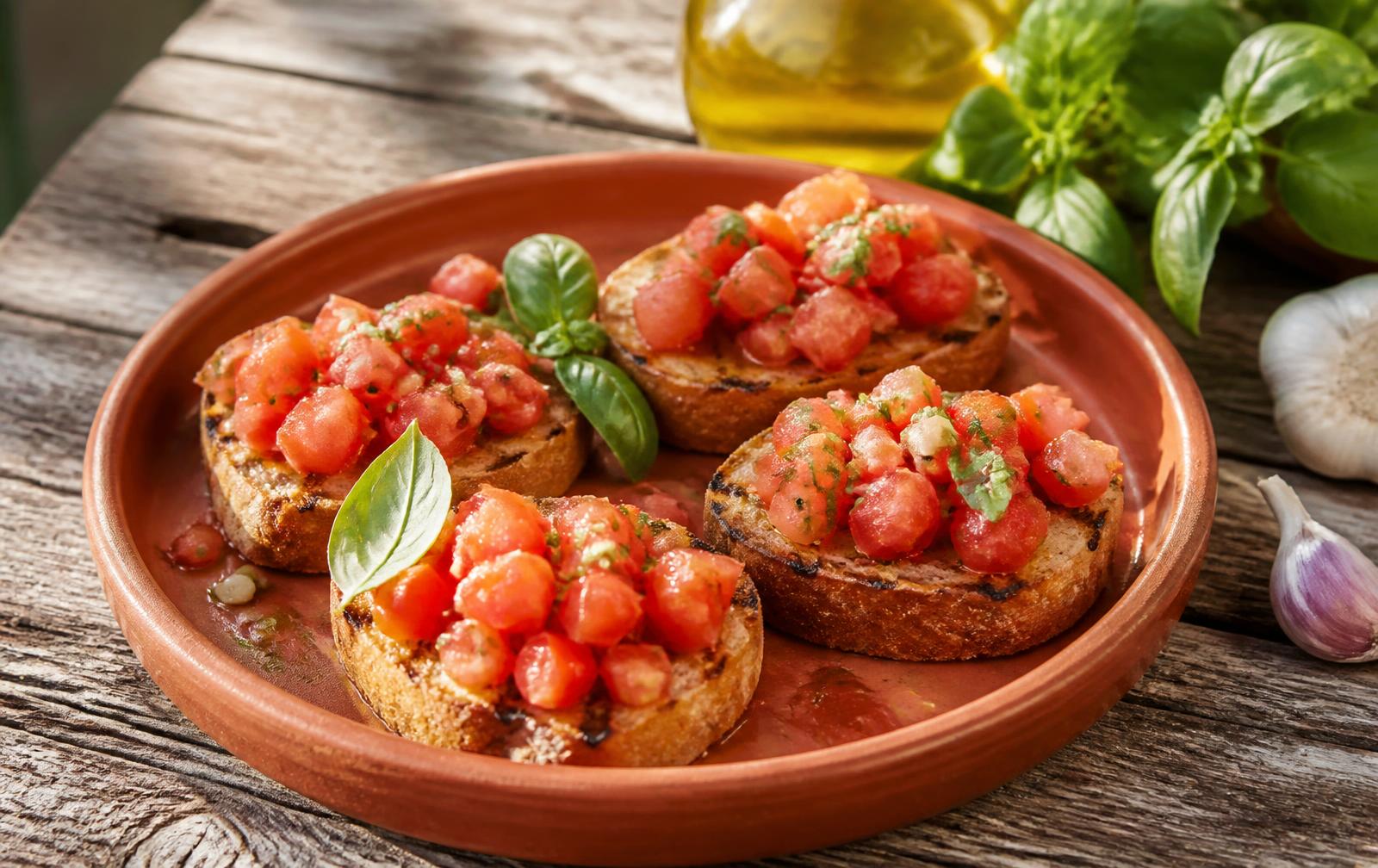 Bruschetta al pomodoro på terrakottafat med tomater, basilika och olivolja