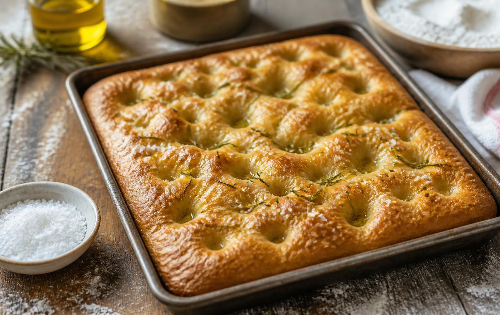 Nybakad focaccia i plåt med rosmarin, flingsalt och olivolja