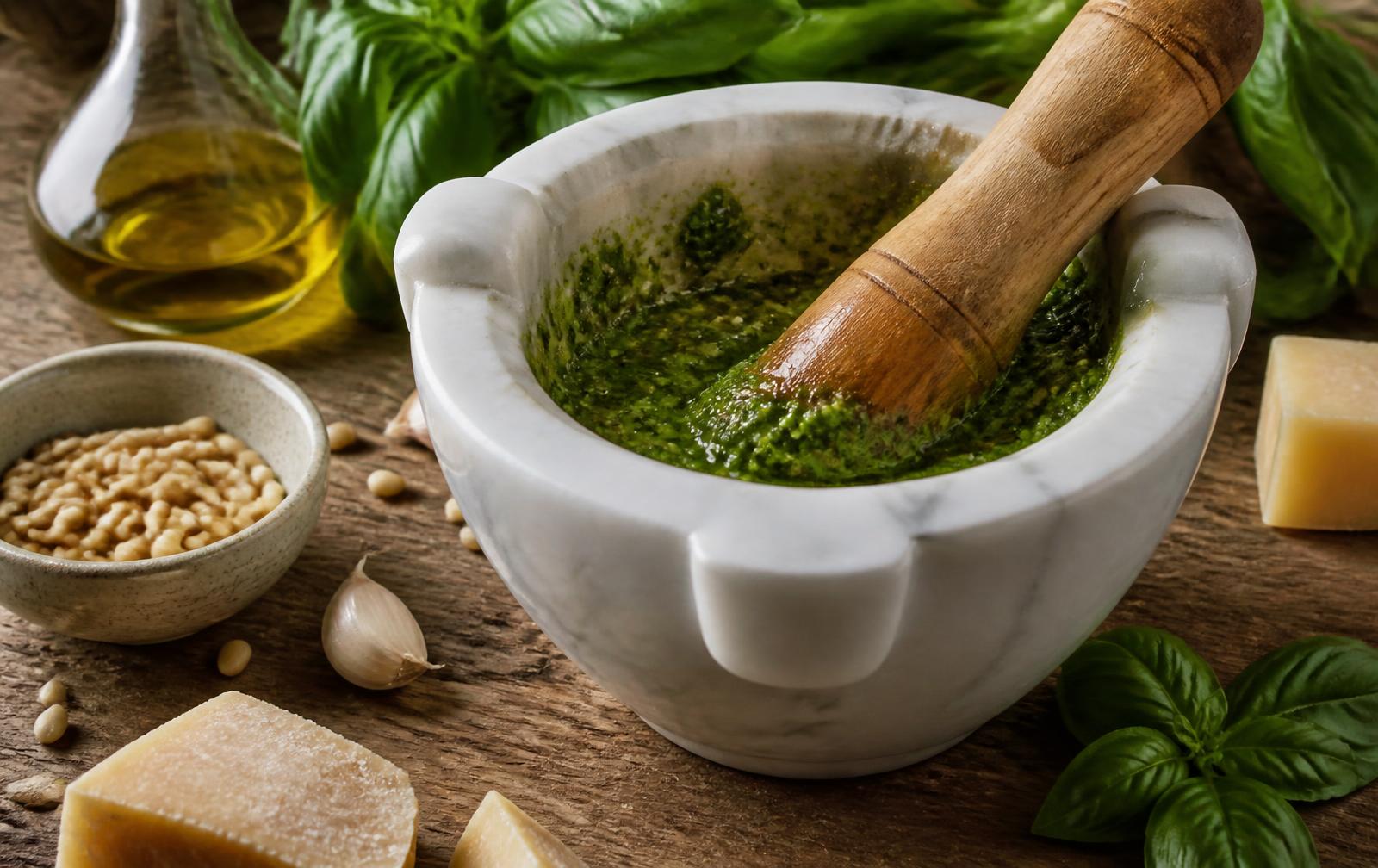 Pesto alla genovese i marmormortel med basilika, pinjenötter, vitlök och parmesan