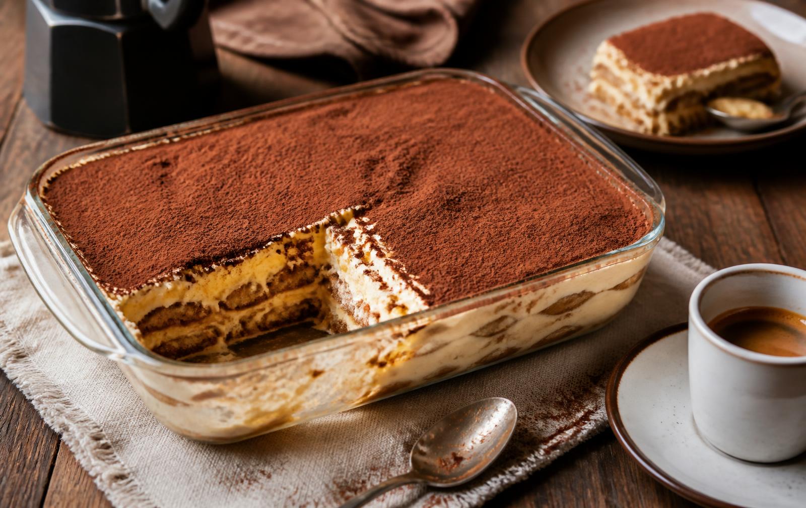 Klassisk italiensk tiramisù i glasform med kakao och en espresso vid sidan