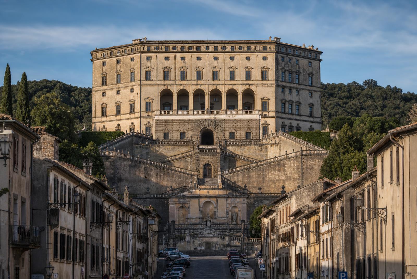 Palazzo Farnese i Caprarola sett nedifrån den kullerstensbelagda infarten i kvällsljus