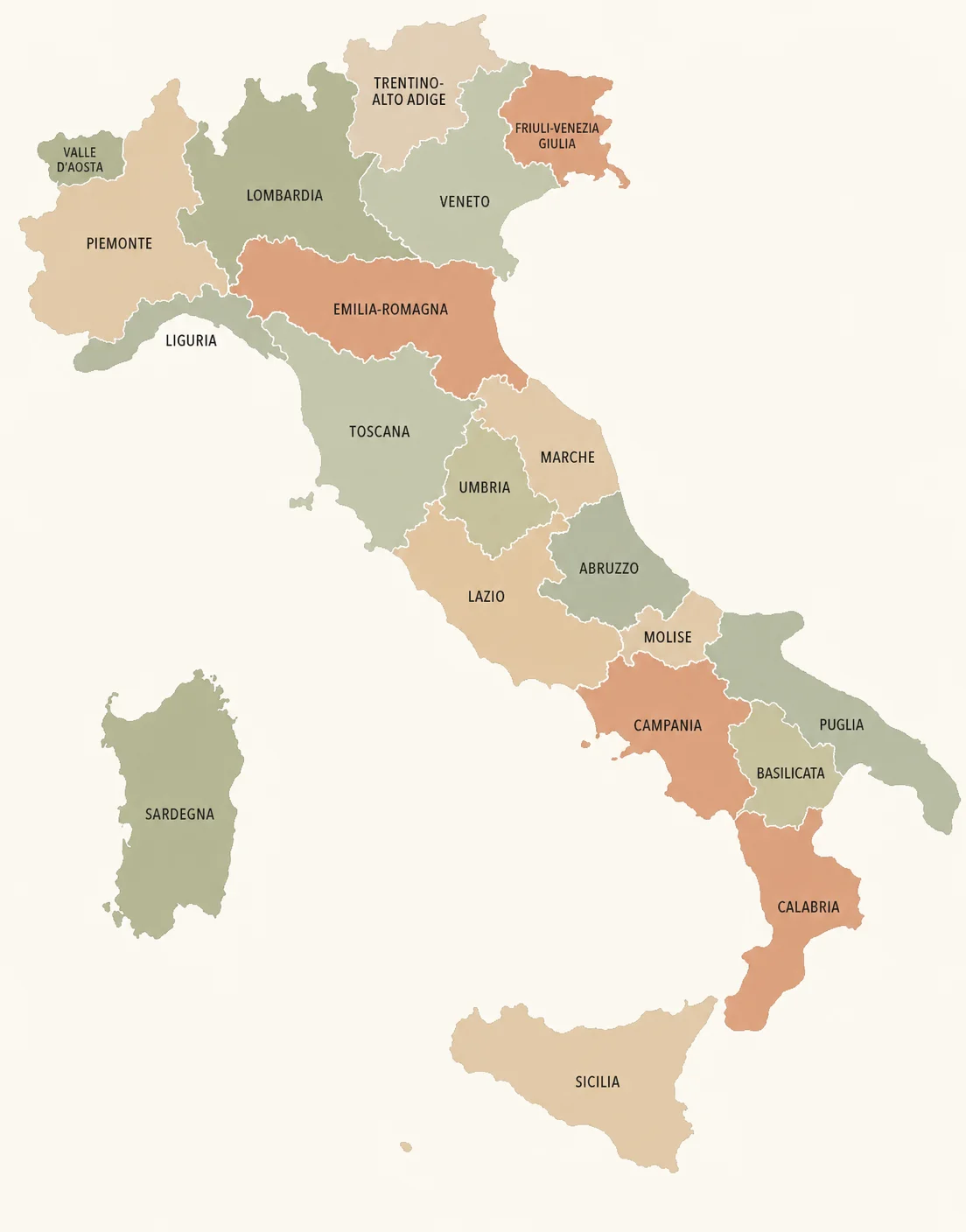 Karta över Italien med alla 20 regioner markerade och namngivna – från Valle d'Aosta och Piemonte i norr till Sicilia och Sardegna i söder