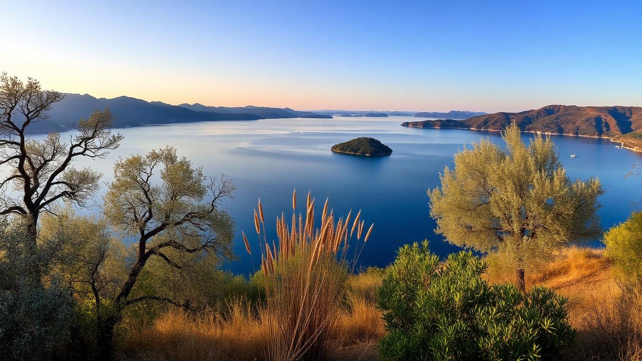 Lago di Bolsena i Lazio i kvällsljus med djupblått vatten, en liten grön ö och olivträd i förgrunden