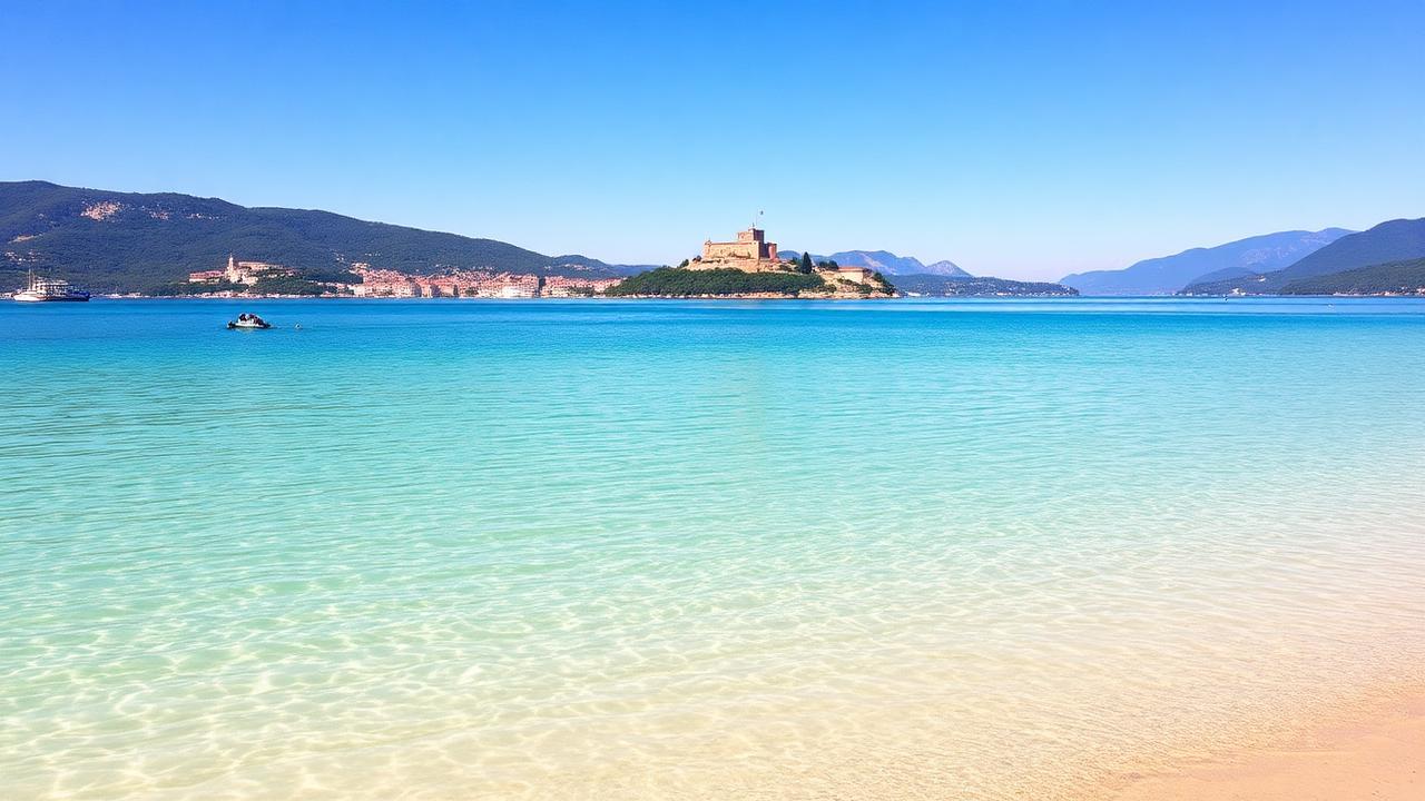 Lago di Bracciano norr om Rom en sommardag med klart turkost vatten, sandstrand och slottet i staden Bracciano i bakgrunden