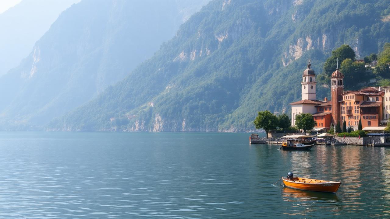 Comosjön i norra Italien med branta grönklädda berg, en pastellfärgad by med klocktorn och en träbåt på det stilla vattnet
