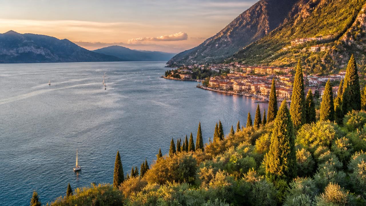 Panoramavy över en italiensk alpsjö vid gyllene timmen med blågrönt vatten, branta berg och en historisk kuststad med segelbåtar