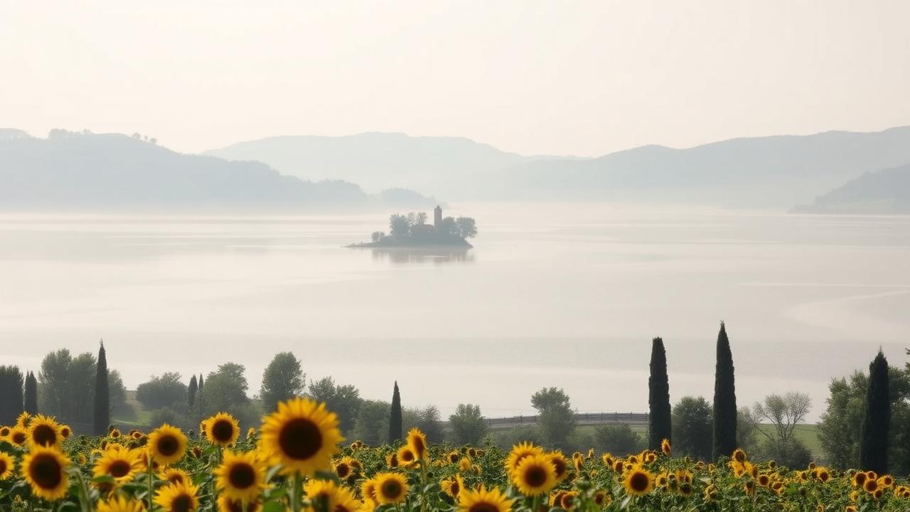 Trasimenosjön i Umbrien i morgondimma med solrosfält och cypresser i förgrunden och en liten ö i sjön
