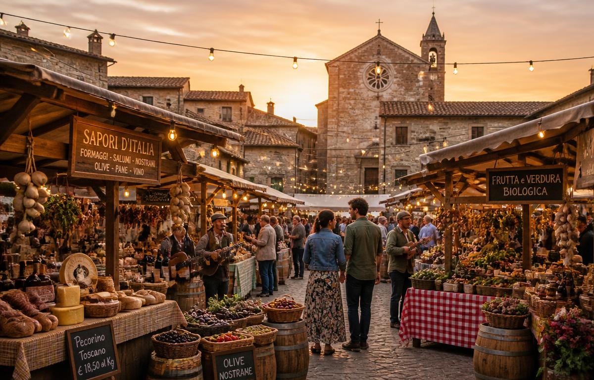 Italiensk piazza-marknad i skymning med stånd, festljus och musiker