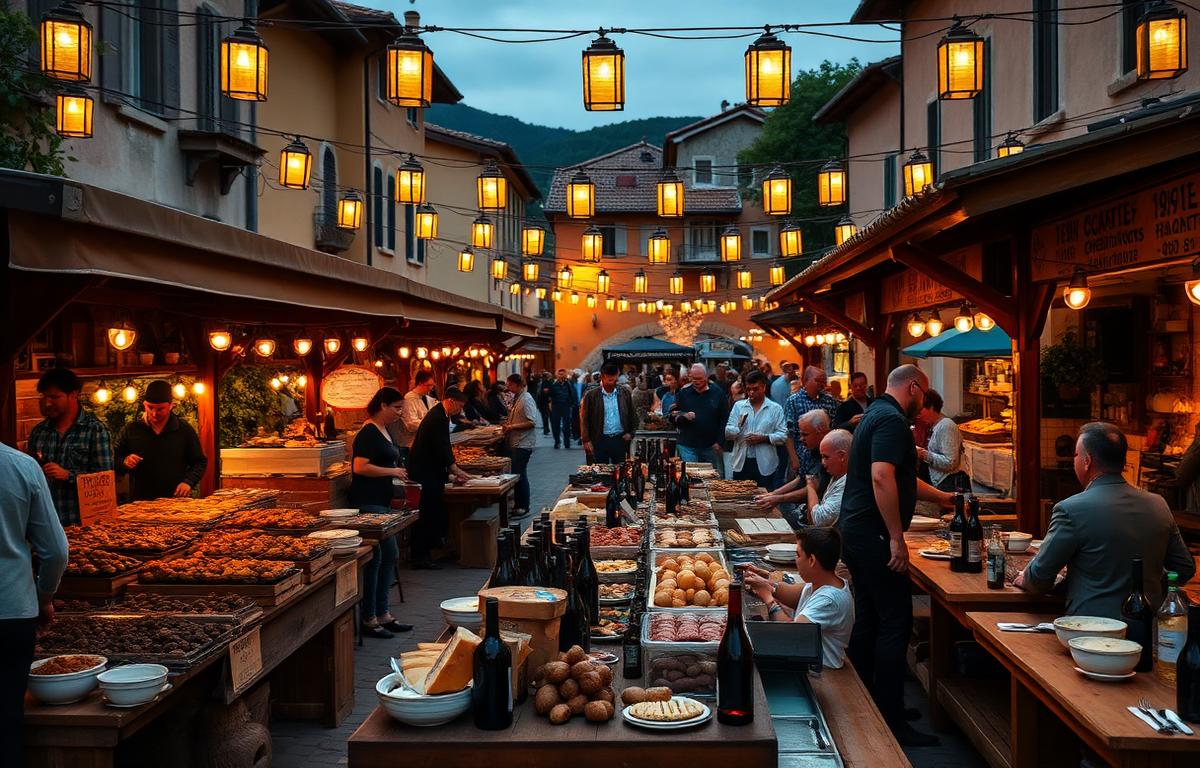 Italiensk sagra på en piazza i skymning med matstånd, långa bord, ljusslingor och ett litet band