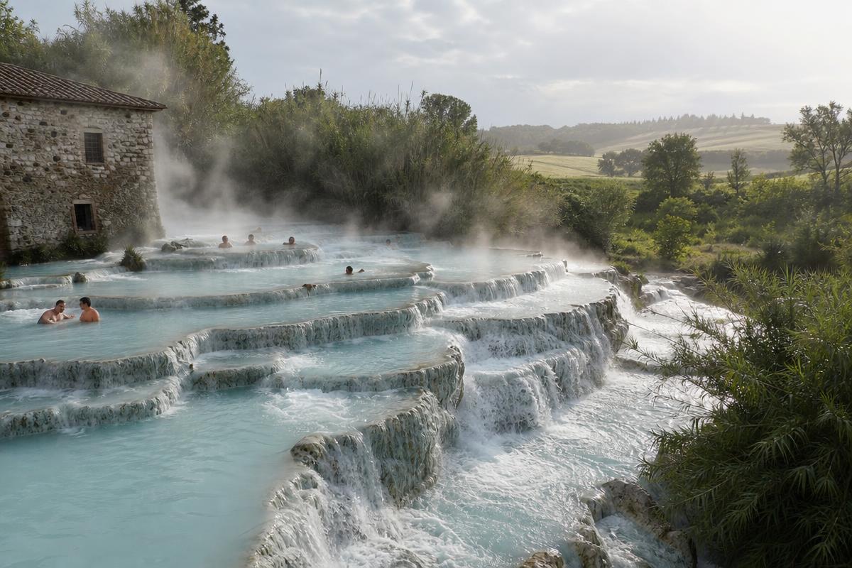 Naturliga termalkällor med turkost vatten i Toscana
