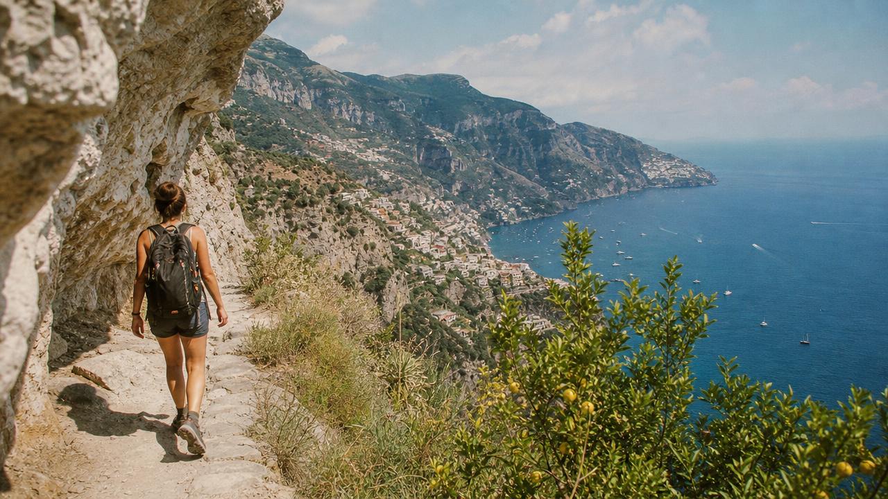 Vandrare på stenlagd klippstig längs Amalfikusten med utsikt över havet och Positano