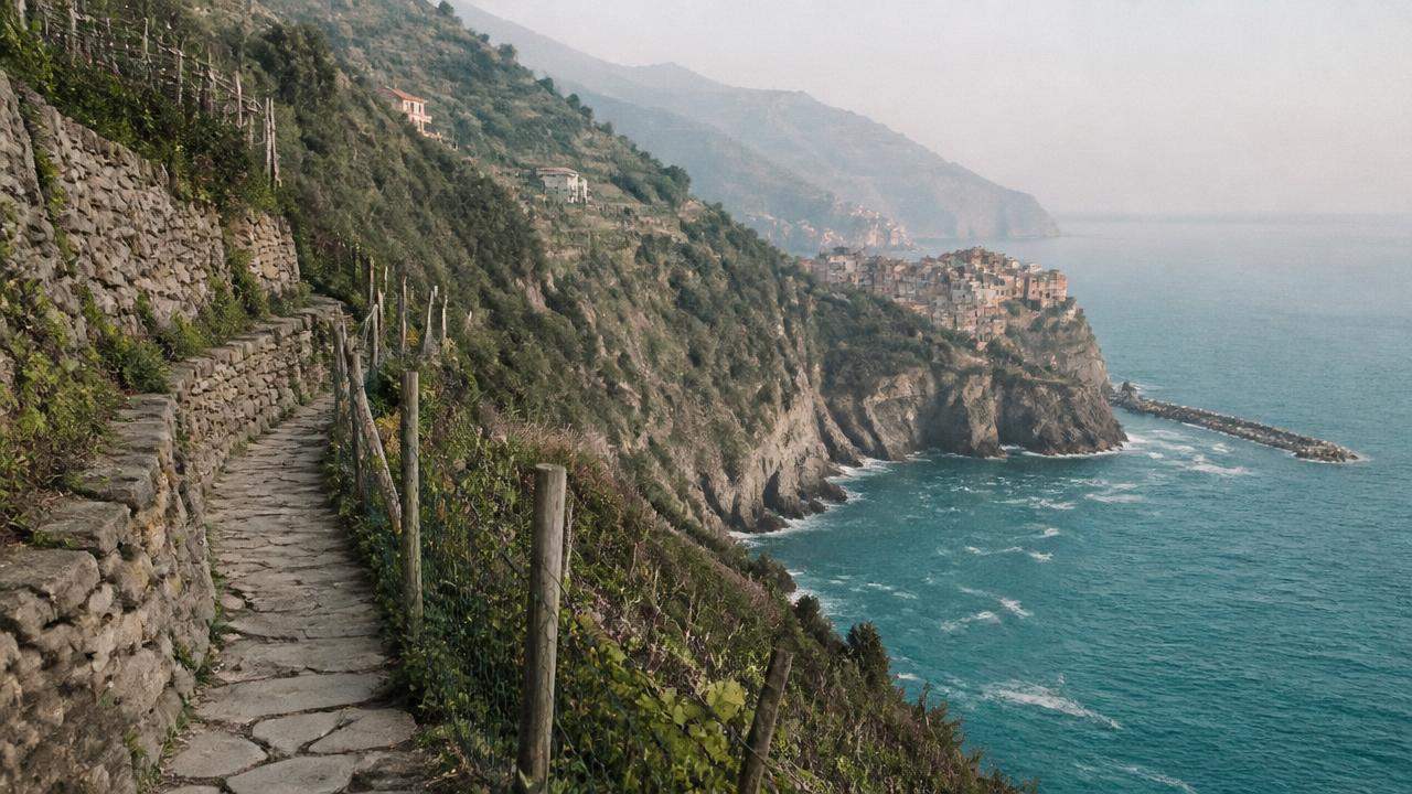 Stenlagd kuststig längs klipporna i Cinque Terre med utsikt över havet och en pastellfärgad by