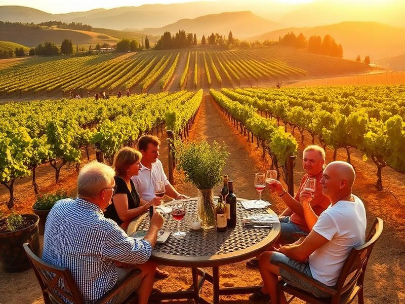 Vingård i Toscana med rader av vinrankor i solnedgång
