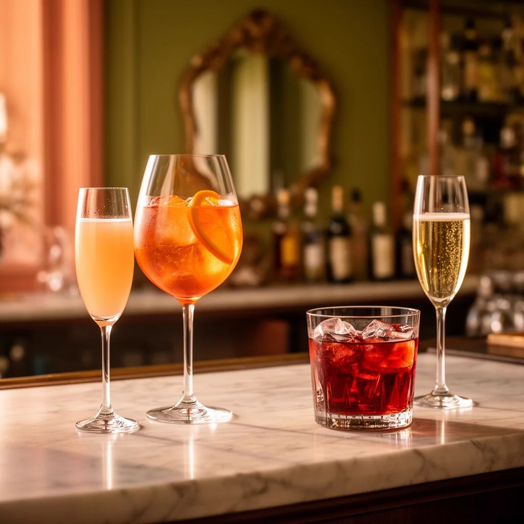 Italiensk aperitivo-bar med Bellini, Spritz, Negroni och prosecco på marmordisk