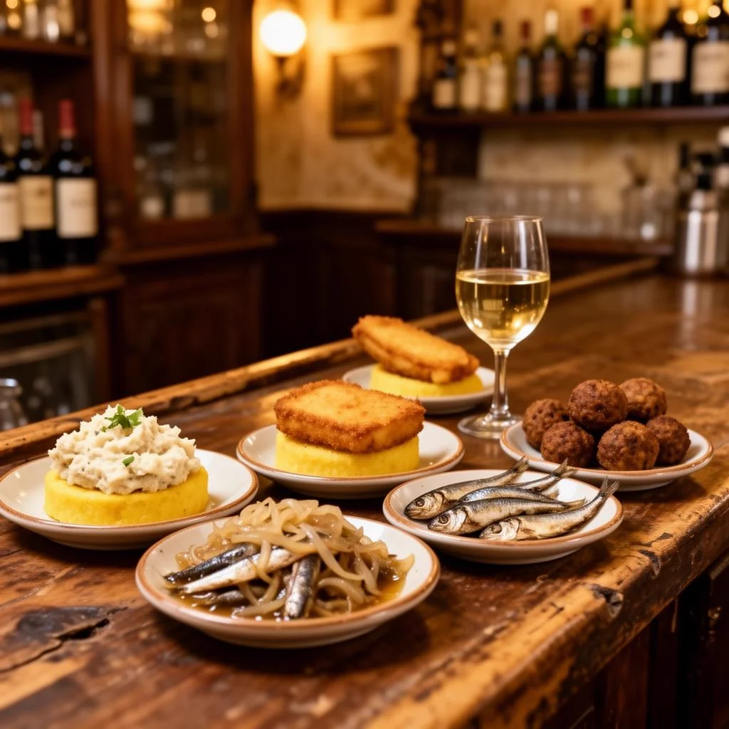Venetianska cicchetti på en rustik bardisk i Venedig — bacalà, sarde in saor, polpette och ett glas vitt vin