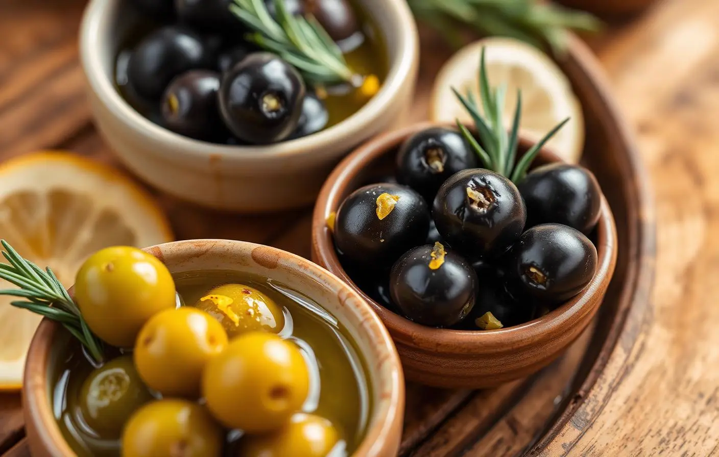 Marinerade gröna och svarta italienska oliver i små keramikskålar med rosmarin och citron