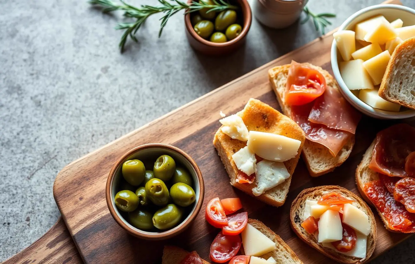 Aperitivo-bricka med oliver, focaccia, bruschetta, ost och prosciutto